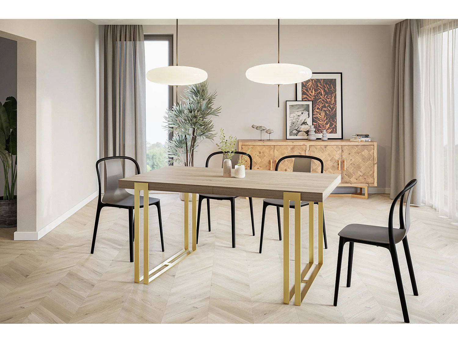 Table de salle à manger rectangulaire ROSA, table à rallonges, dimensions: 160-260X90X77 cm,couleur: SONOMA, avec pieds métalliques couleur or