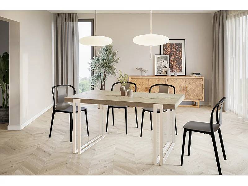 Table de salle à manger rectangulaire ROSA, table à rallonges, dimensions: 120-220X80X77 cm, couleur: HALIFAX, avec pieds métalliques de couleur blanche