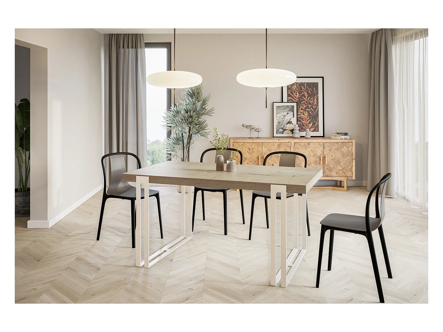 Table de salle à manger rectangulaire ROSA, table à rallonges, dimensions: 120-220X80X77 cm, couleur: HALIFAX, avec pieds métalliques de couleur blanche