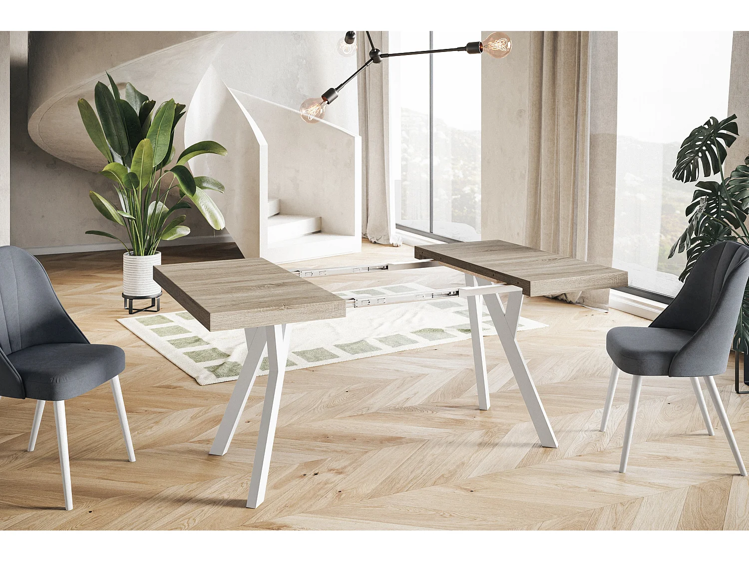 Table de salle à manger carrée RICO, table à rallonges, dimensions: 100-200X100X77 cm, couleur: SONOMA, avec pieds en bois de couleur blanche