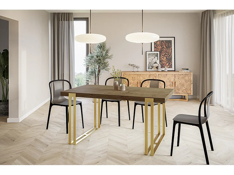 Table de salle à manger rectangulaire ROSA, table à rallonges, dimensions: 140-240X80X77 cm,couleur: LEFKAS, avec pieds métalliques couleur or