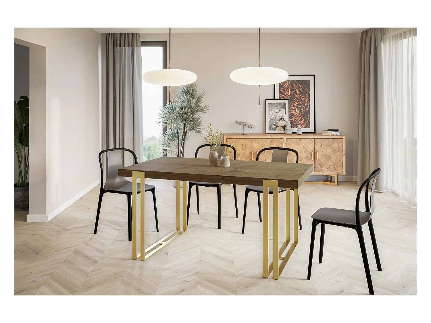 Table de salle à manger rectangulaire ROSA, table à rallonges, dimensions: 140-240X80X77 cm,couleur: LEFKAS, avec pieds métalliques couleur or