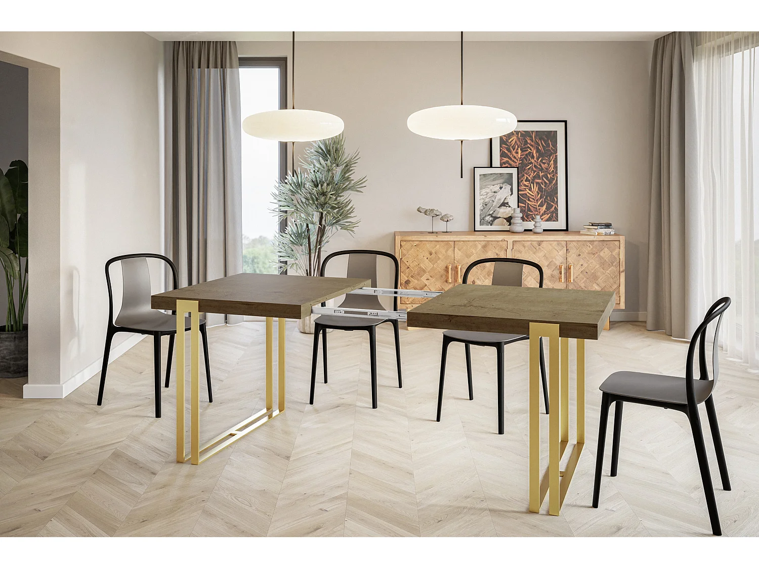 Table de salle à manger rectangulaire ROSA, table à rallonges, dimensions: 140-240X80X77 cm,couleur: LEFKAS, avec pieds métalliques couleur or