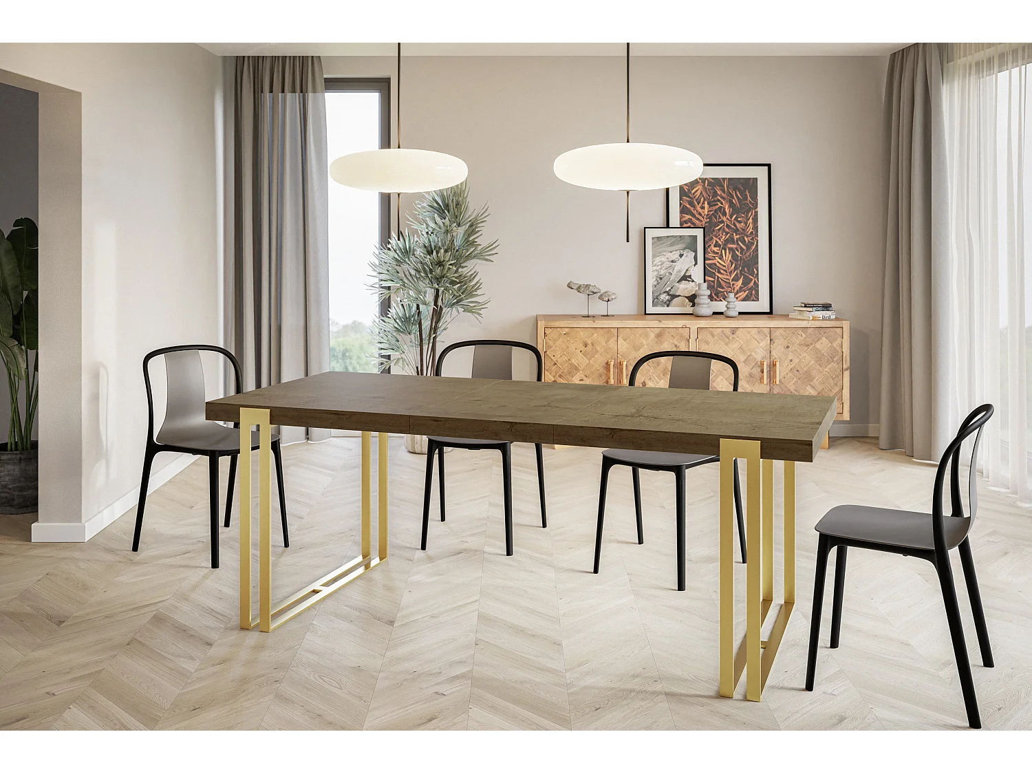 Table de salle à manger rectangulaire ROSA, table à rallonges, dimensions: 140-240X80X77 cm,couleur: LEFKAS, avec pieds métalliques couleur or