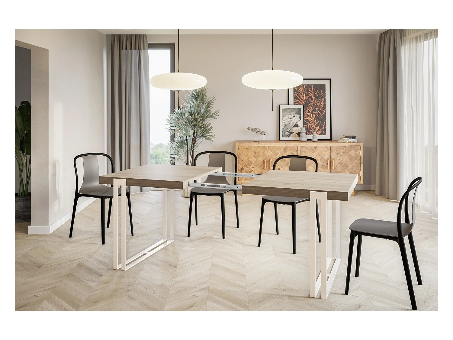 Table de salle à manger rectangulaire ROSA, table à rallonges, dimensions: 140-240X80X77 cm,couleur: SONOMA, avec pieds métalliques de couleur blanche
