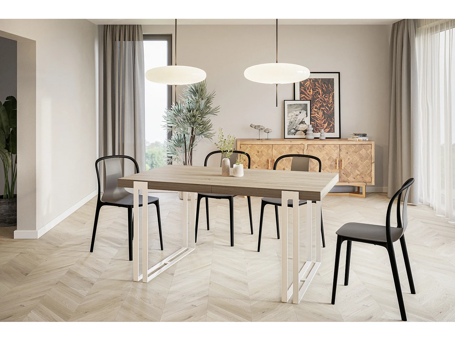 Table de salle à manger rectangulaire ROSA, table à rallonges, dimensions: 140-240X80X77 cm,couleur: SONOMA, avec pieds métalliques de couleur blanche