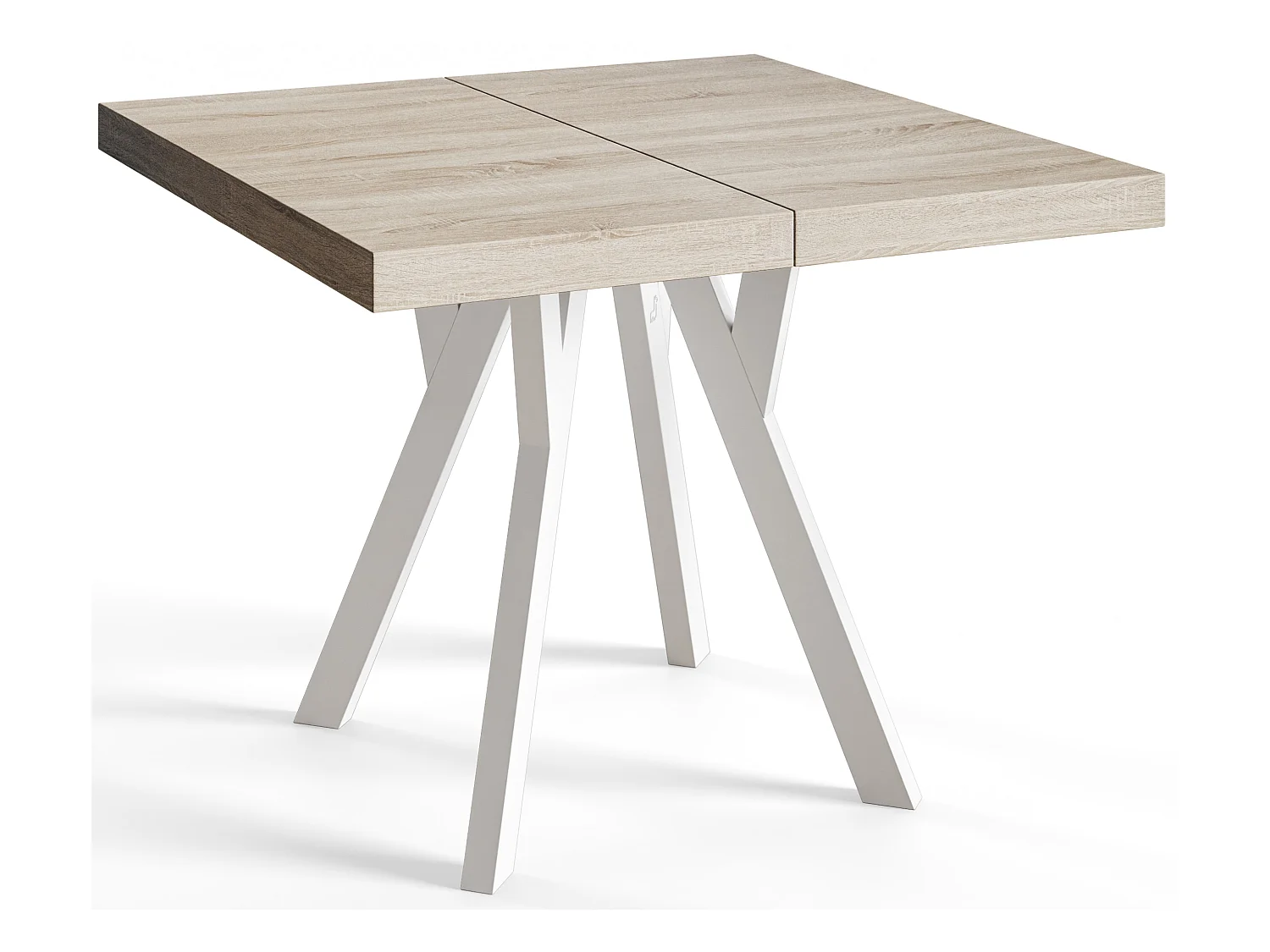 Table de salle à manger carrée RICO, table à rallonges, dimensions: 120-220X120X77 cm, couleur: SONOMA, avec pieds en bois de couleur blanche