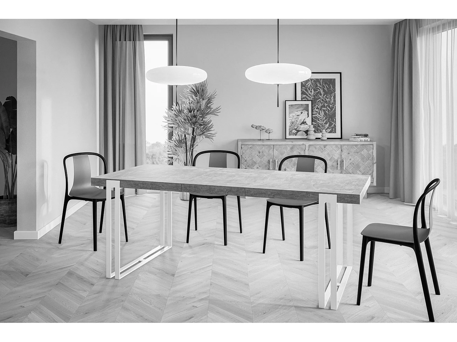 Table de salle à manger rectangulaire ROSA, table à rallonges, dimensions: 180-280X90X77 cm, couleur: gris foncé, avec pieds métalliques de couleur blanche