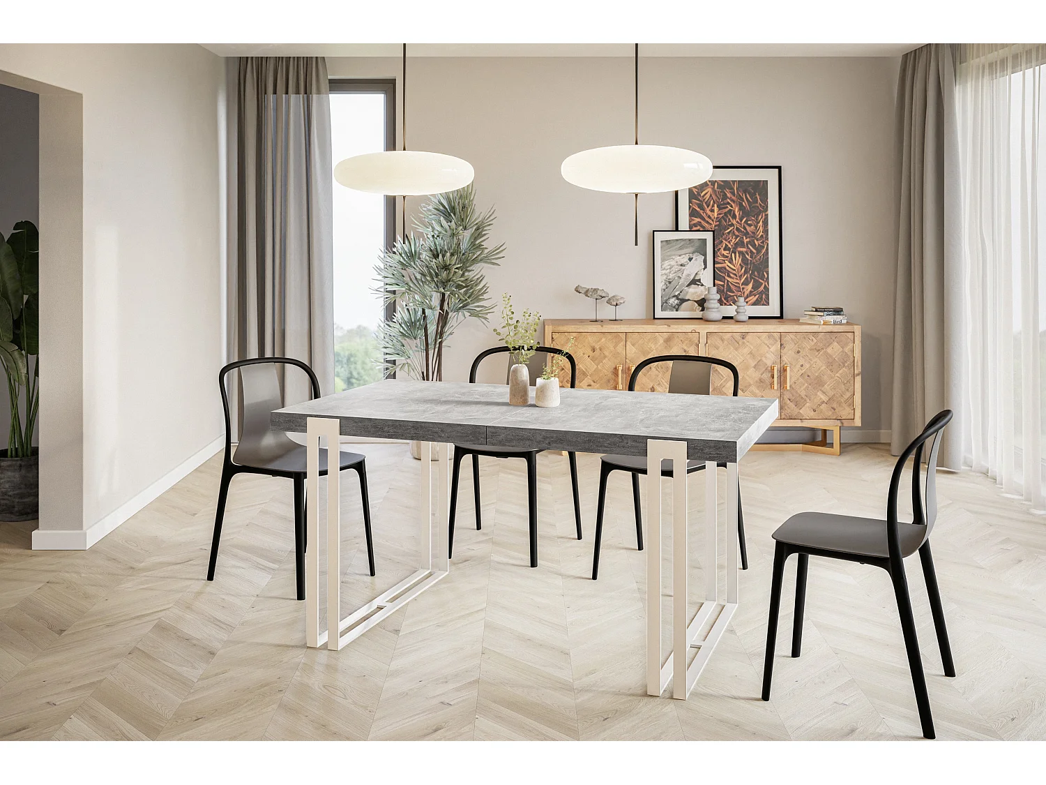 Table de salle à manger rectangulaire ROSA, table à rallonges, dimensions: 180-280X90X77 cm, couleur: gris clair, avec pieds métalliques de couleur blanche