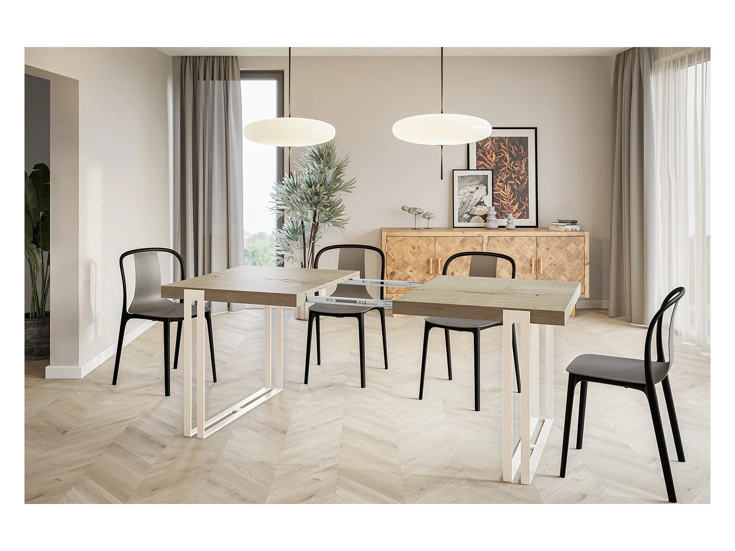 Table de salle à manger rectangulaire ROSA, table à rallonges, dimensions: 180-280X90X77 cm,couleur: HALIFAX, avec pieds métalliques de couleur blanche