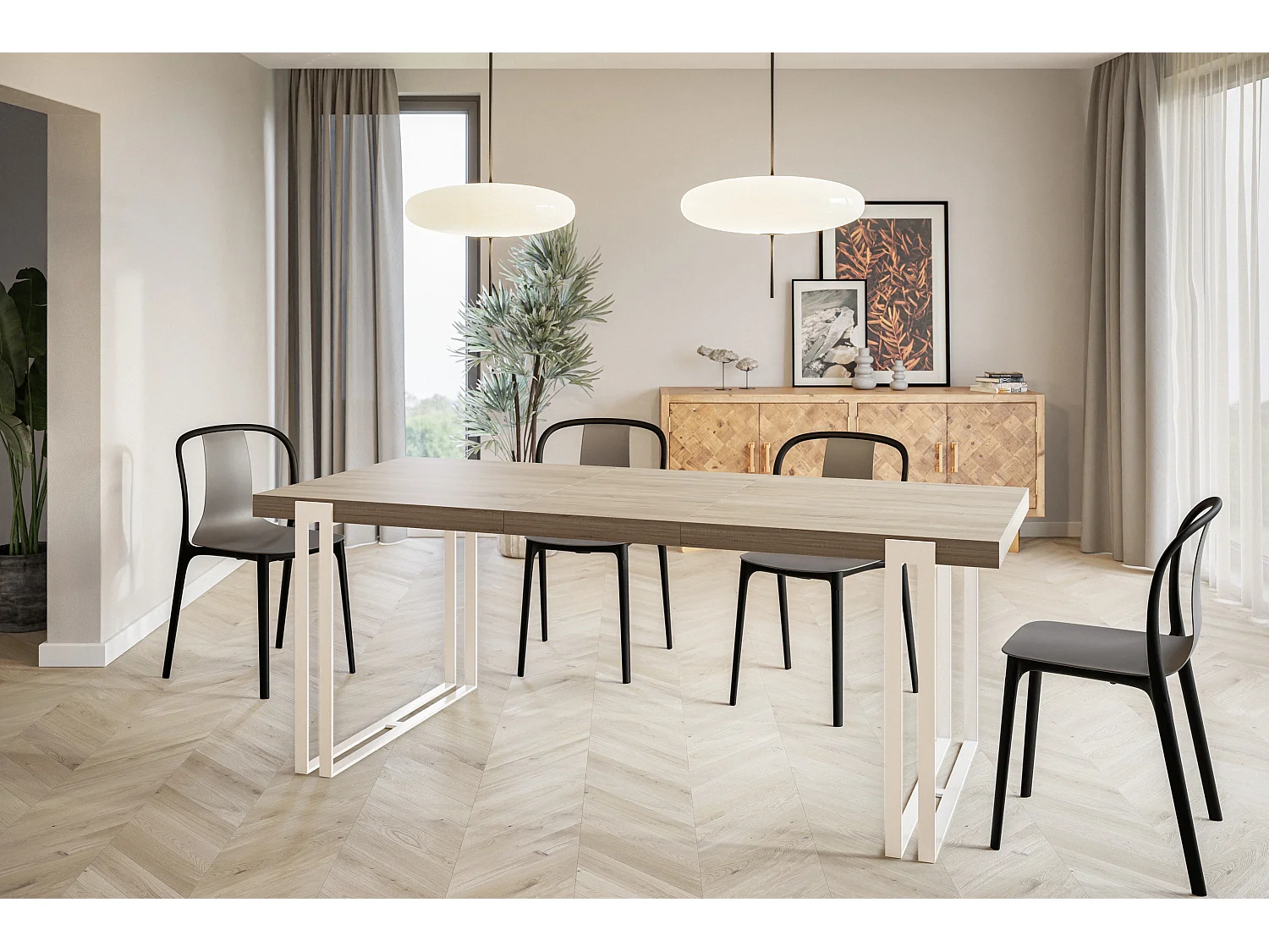 Table de salle à manger rectangulaire ROSA, table à rallonges, dimensions: 180-280X90X77 cm,couleur: SONOMA, avec pieds métalliques de couleur blanche