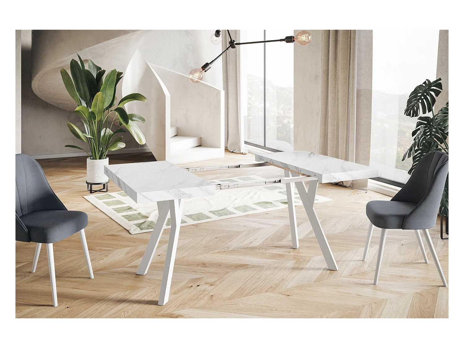 Table de salle à manger carrée RICO, table à rallonges, dimensions: 100-200X100X77 cm, couleur: MARMUR, avec pieds en bois blanc