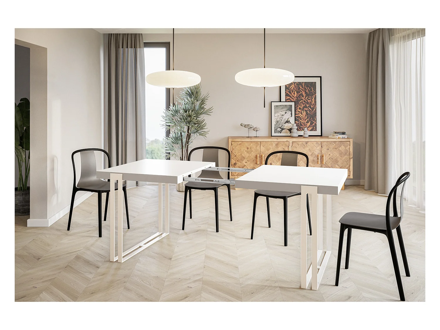 Table de salle à manger rectangulaire ROSA, table à rallonges, dimensions: 120-220X80X77 cm,couleur: blanc, avec pieds métalliques de couleur blanche