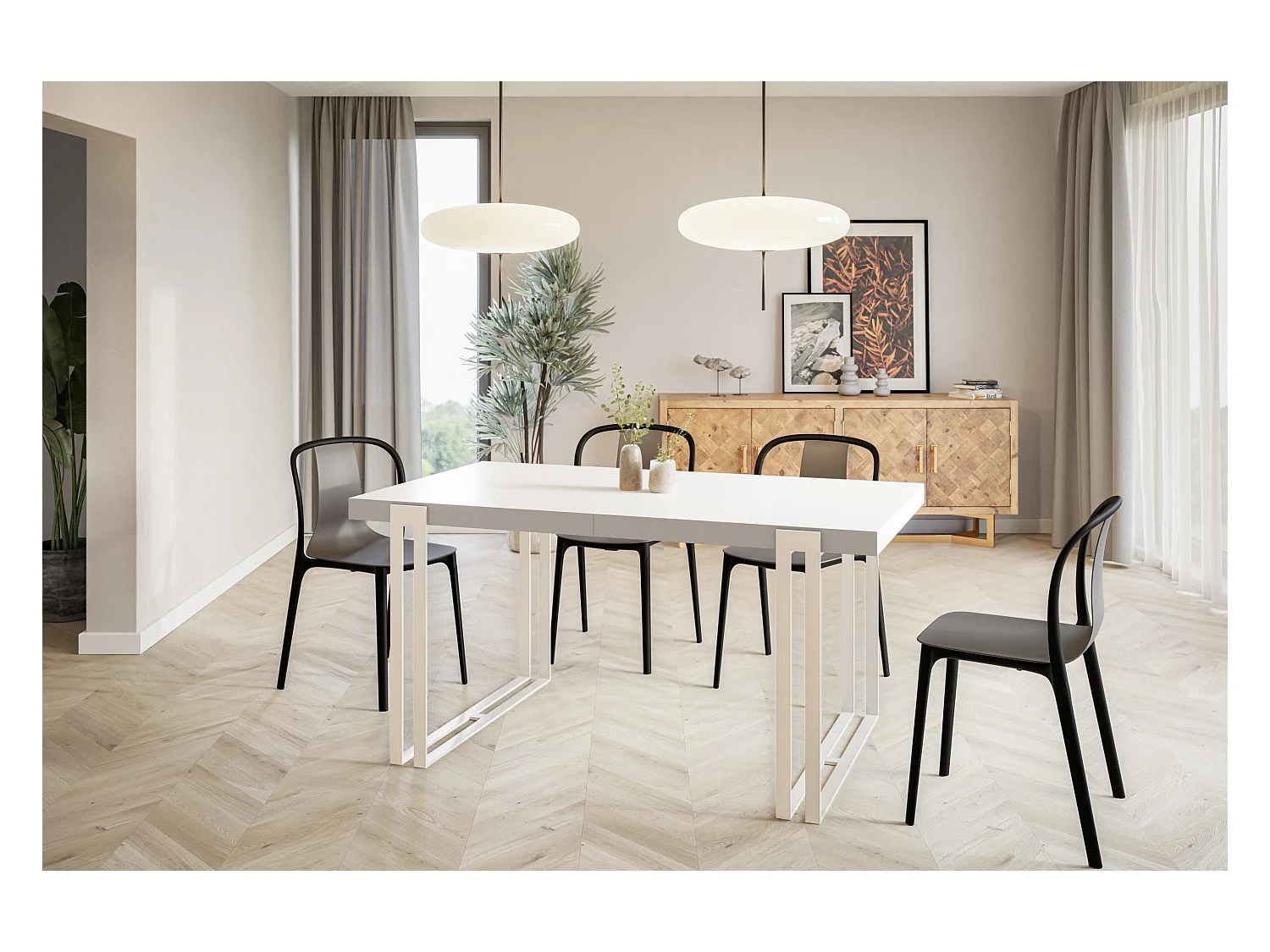 Table de salle à manger rectangulaire ROSA, table à rallonges, dimensions: 120-220X80X77 cm,couleur: blanc, avec pieds métalliques de couleur blanche