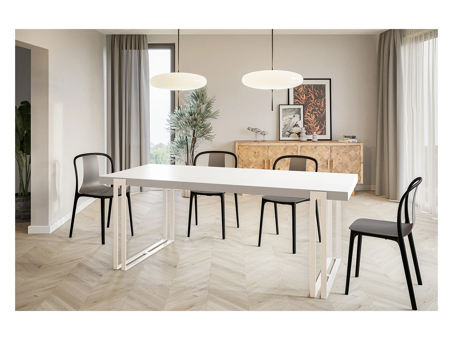 Table de salle à manger rectangulaire ROSA, table à rallonges, dimensions: 120-220X80X77 cm,couleur: blanc, avec pieds métalliques de couleur blanche
