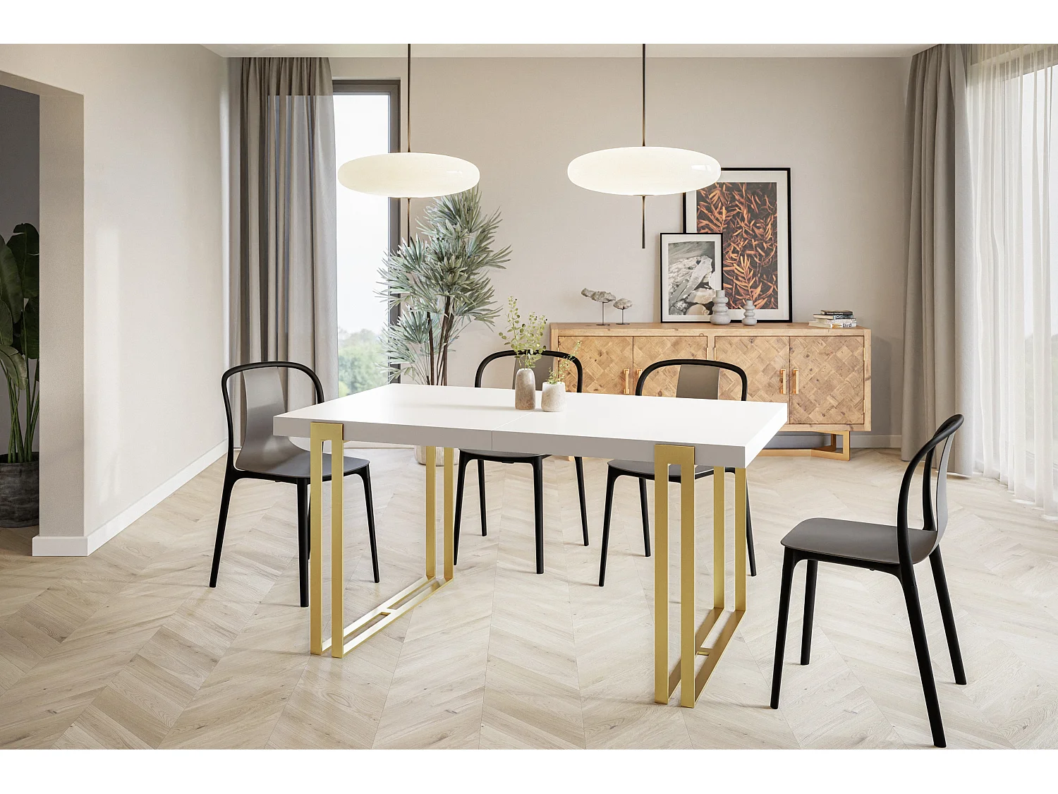 Table de salle à manger rectangulaire ROSA, table à rallonges, dimensions: 120-220X80X77 cm,couleur: blanc, avec pieds métalliques couleur or