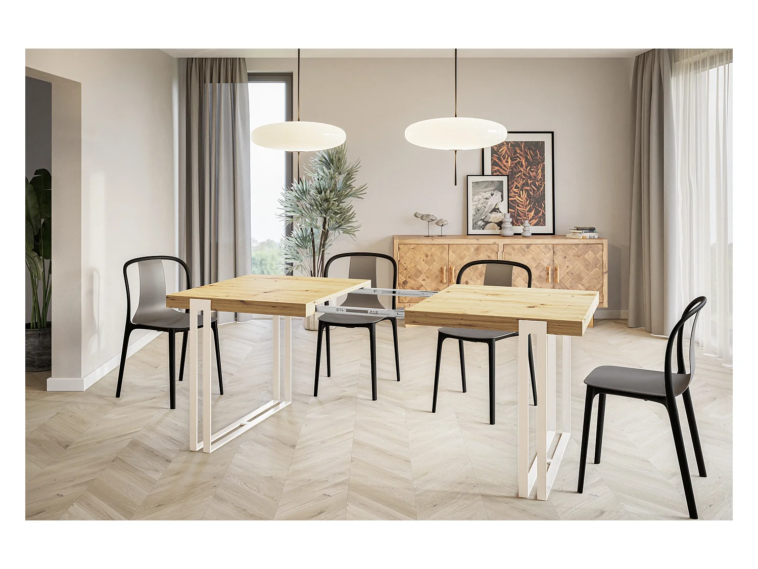 Table de salle à manger rectangulaire ROSA, table à rallonges, dimensions: 120-220X80X77 cm,couleur: ARTISAN, avec pieds métalliques de couleur blanche