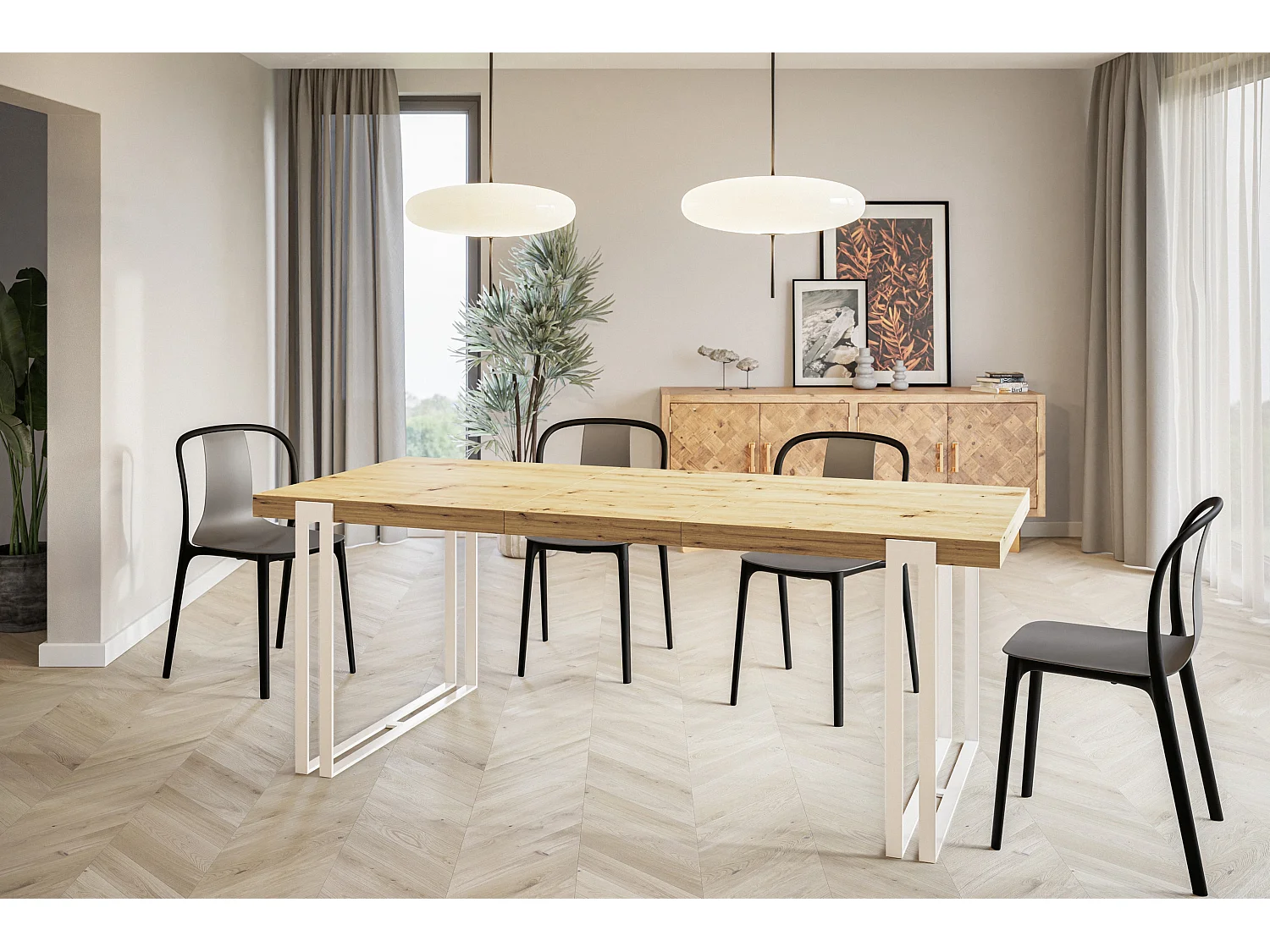 Table de salle à manger rectangulaire ROSA, table à rallonges, dimensions: 120-220X80X77 cm,couleur: ARTISAN, avec pieds métalliques de couleur blanche