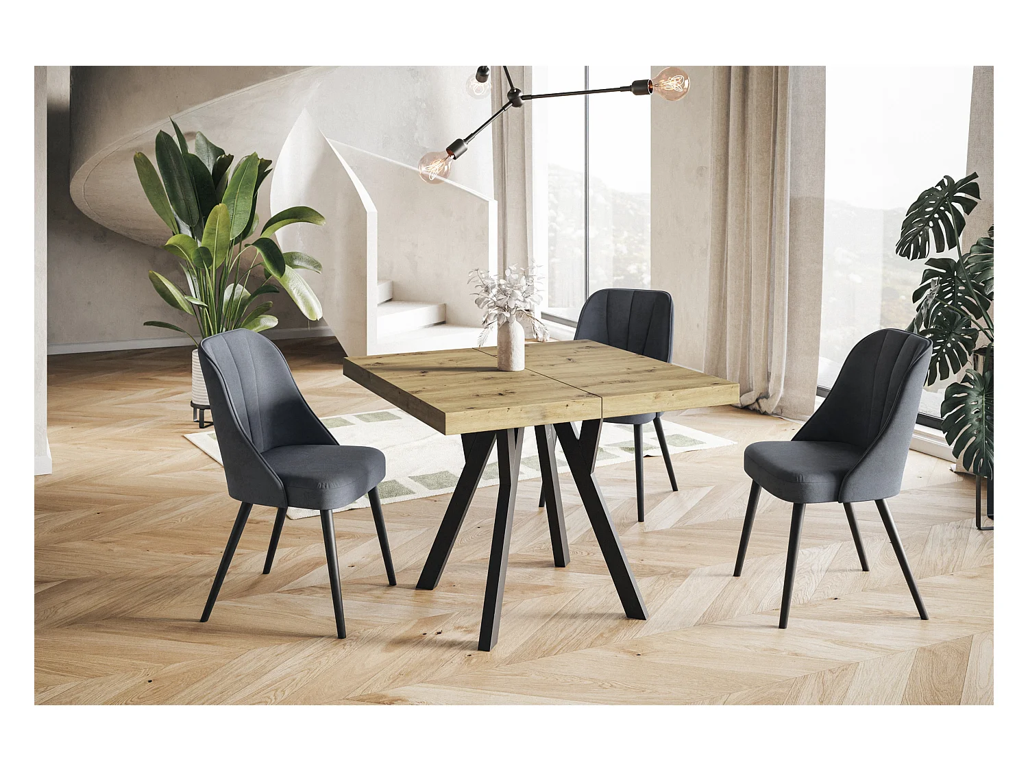 Table de salle à manger carrée RICO, table à rallonges, dimensions: 120-220X120X77 cm, couleur: Artisan, avec pieds en bois de couleur noire