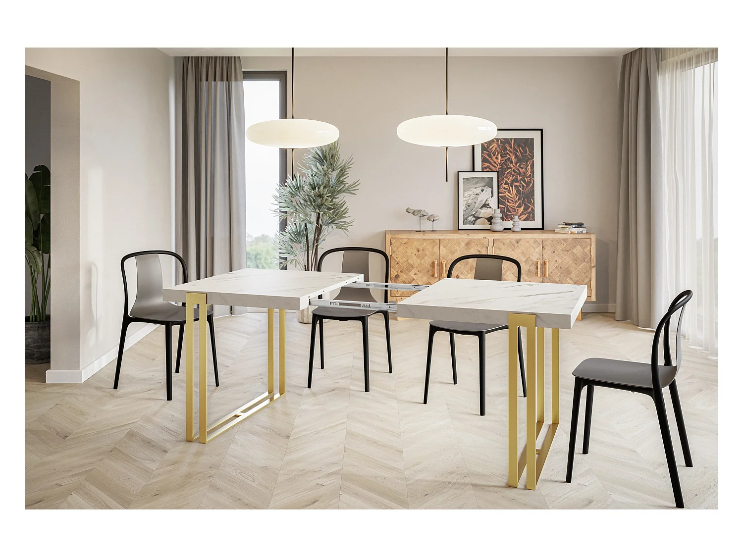 Table de salle à manger rectangulaire ROSA, table à rallonges, dimensions: 120-220X80X77 cm,couleur: MARMUR, avec pieds métalliques couleur or