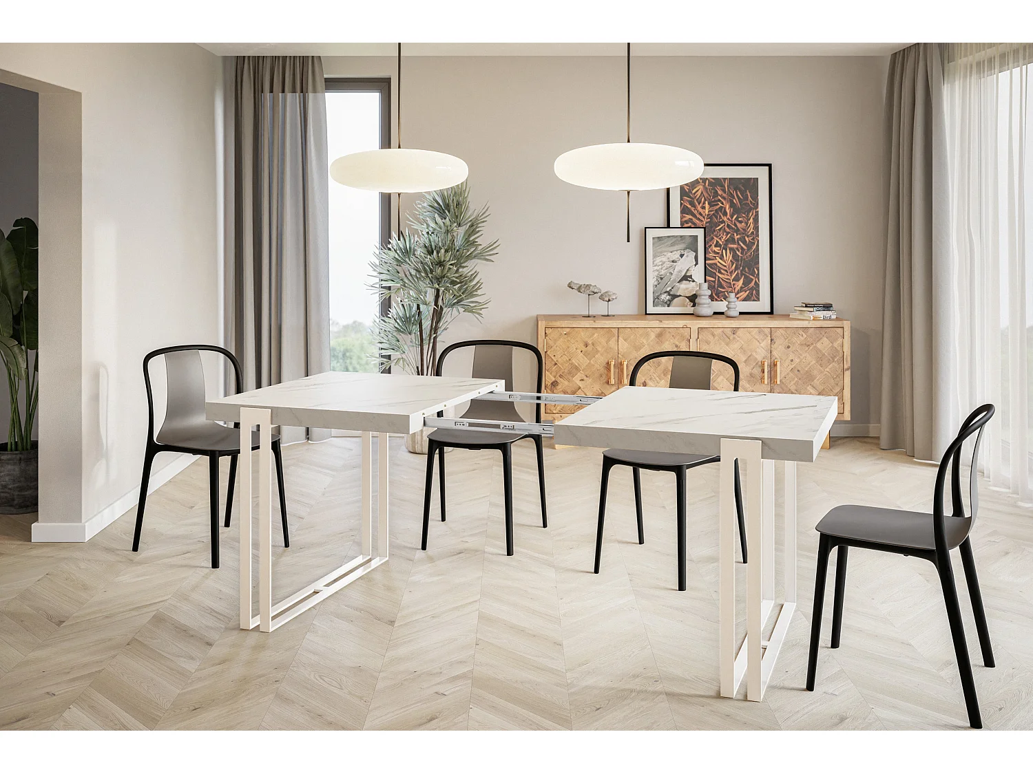 Table de salle à manger rectangulaire ROSA, table à rallonges, dimensions: 180-280X90X77 cm,couleur: MARBRE, avec pieds métalliques de couleur blanche