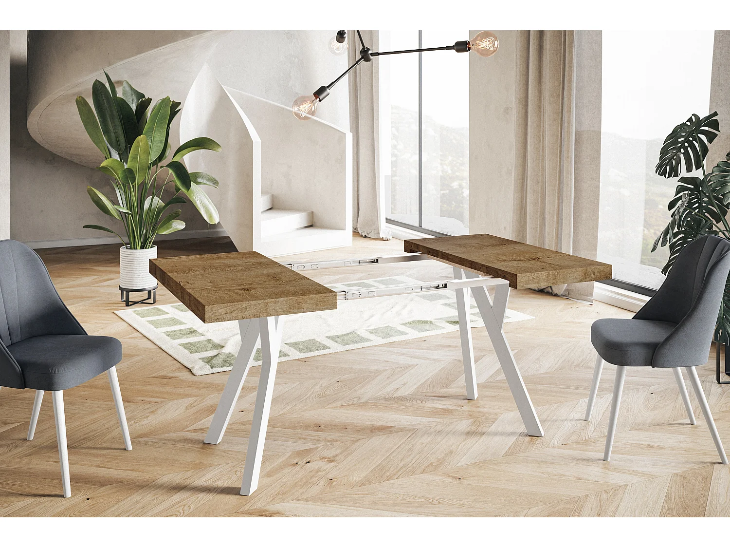 Table de salle à manger carrée RICO, table à rallonges, dimensions: 90-190X90X77 cm, couleur: LEFAKS, avec pieds en bois blanc