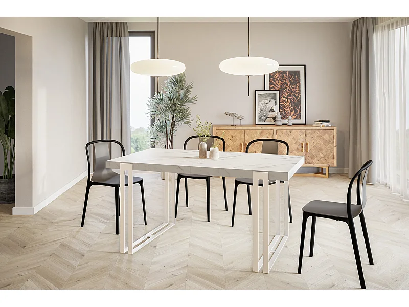 Table de salle à manger rectangulaire ROSA, table à rallonges, dimensions: 120-220X80X77 cm,couleur: MARMUR, avec pieds métalliques de couleur blanche