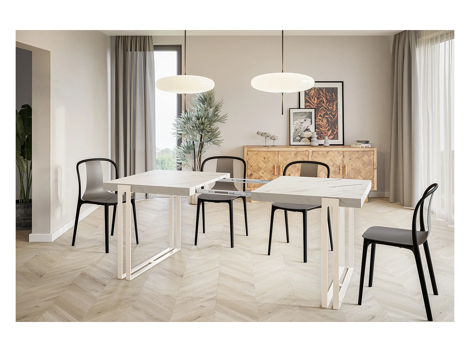 Table de salle à manger rectangulaire ROSA, table à rallonges, dimensions: 120-220X80X77 cm,couleur: MARMUR, avec pieds métalliques de couleur blanche