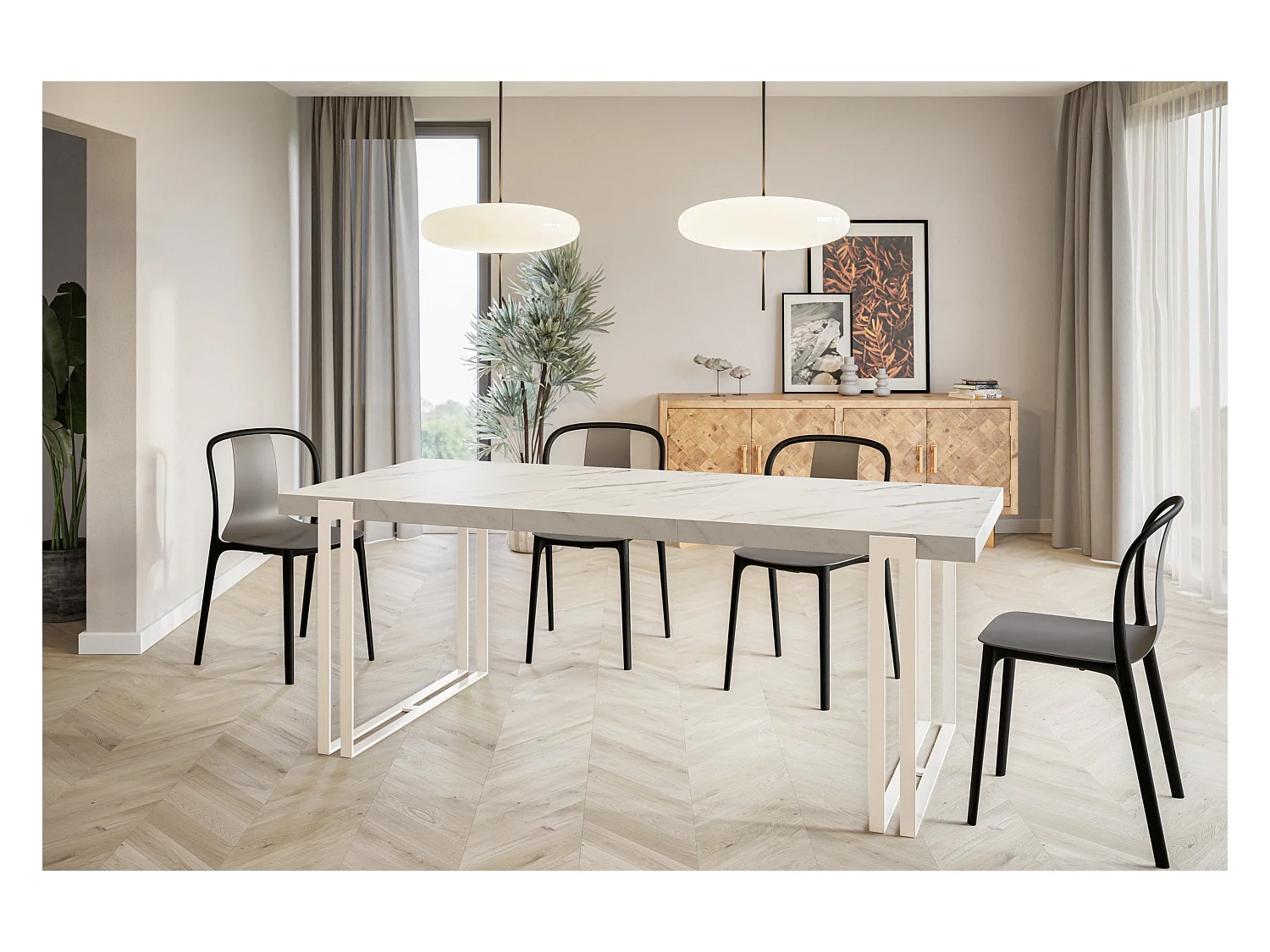 Table de salle à manger rectangulaire ROSA, table à rallonges, dimensions: 120-220X80X77 cm,couleur: MARMUR, avec pieds métalliques de couleur blanche