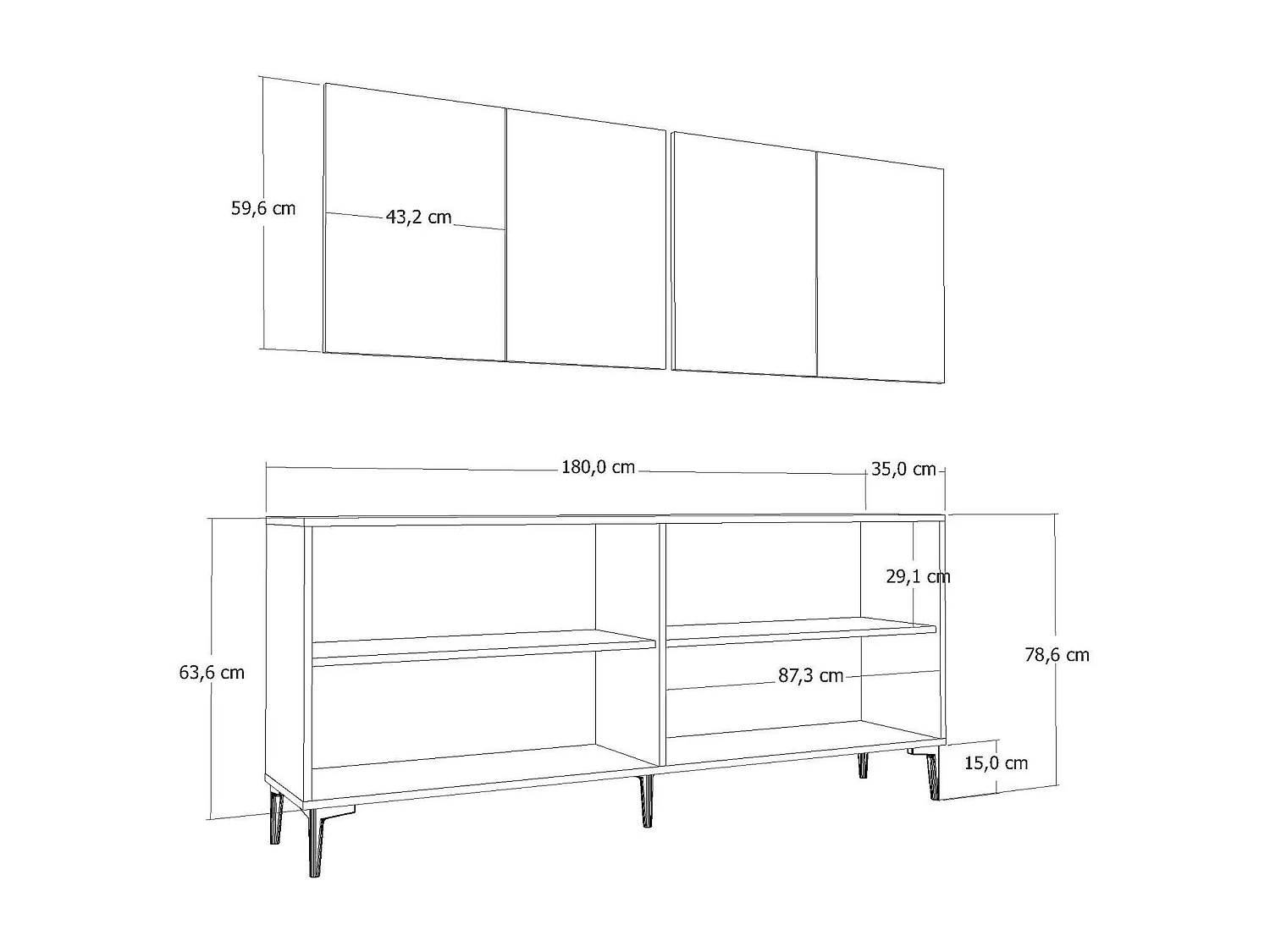 Buffet en aggloméré – 180 cm x 78,6 cm x 35 cm – Anthracite et argent