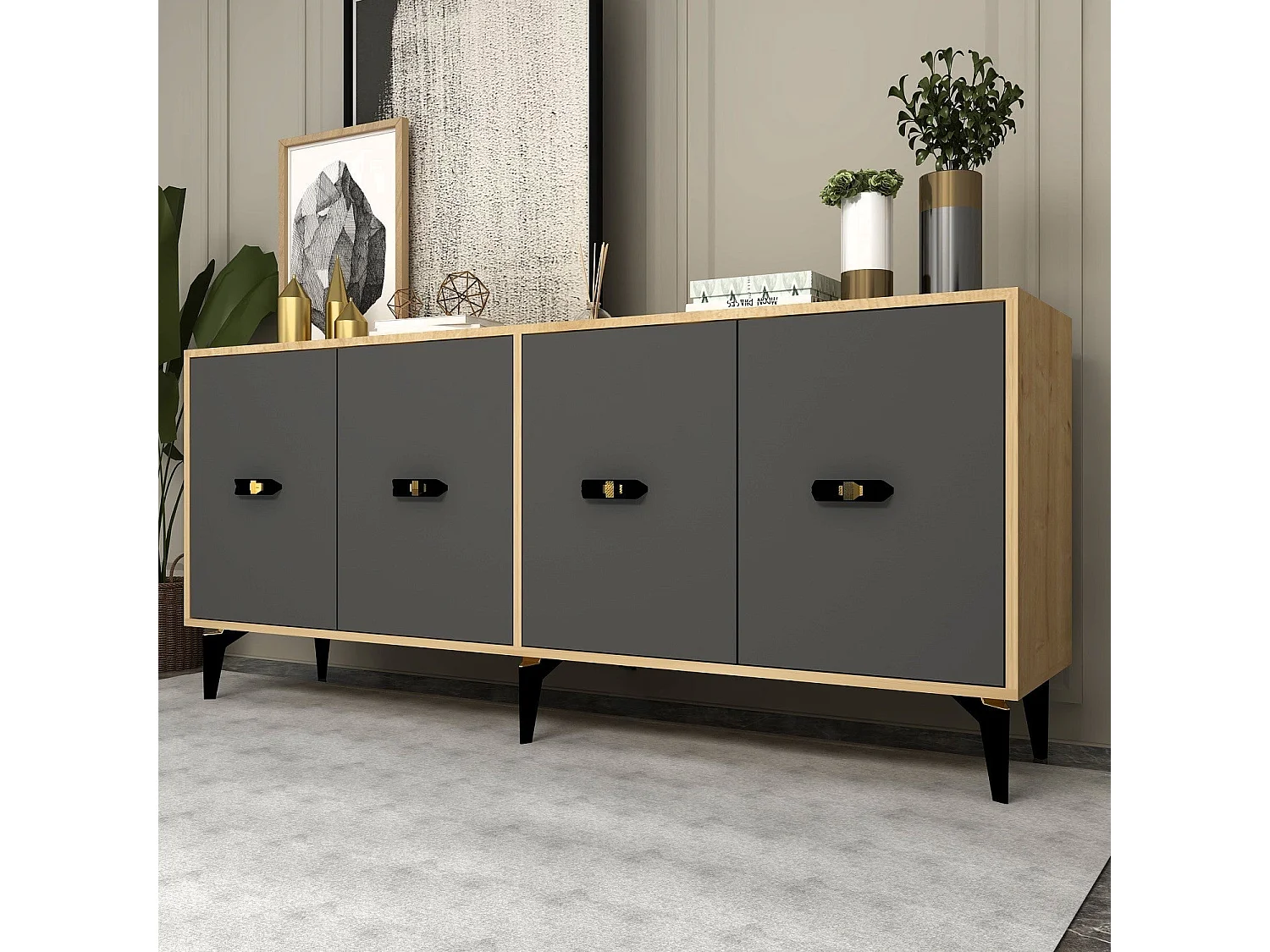 Komoda – 180 cm x 82,6 cm x 35 cm – Dąb szafirowy i antracyt – płyta wiórowa z powłoką melaminową