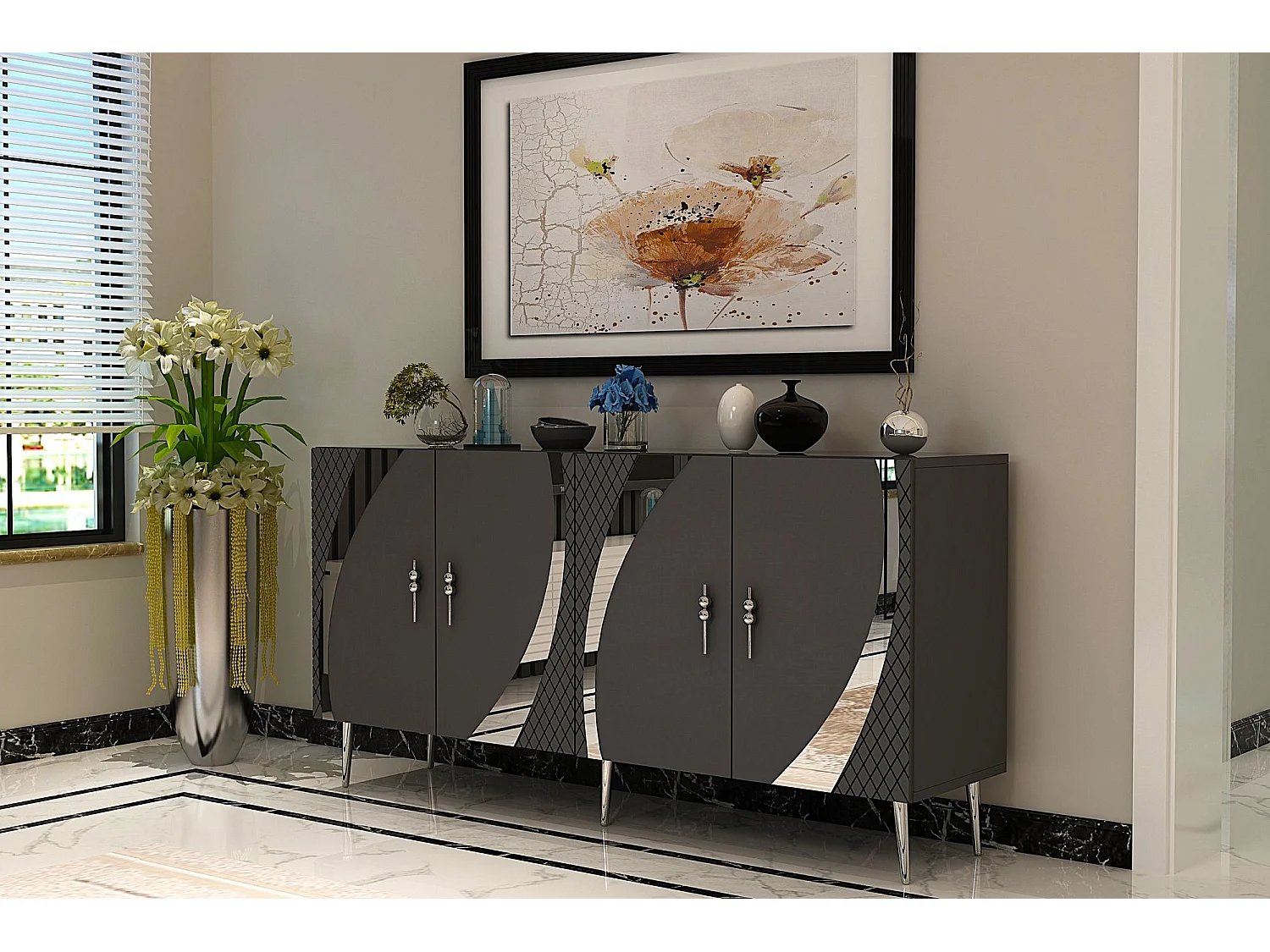 Komoda – 150 cm – Antracyt i srebro – Płyta wiórowa z powłoką melaminową