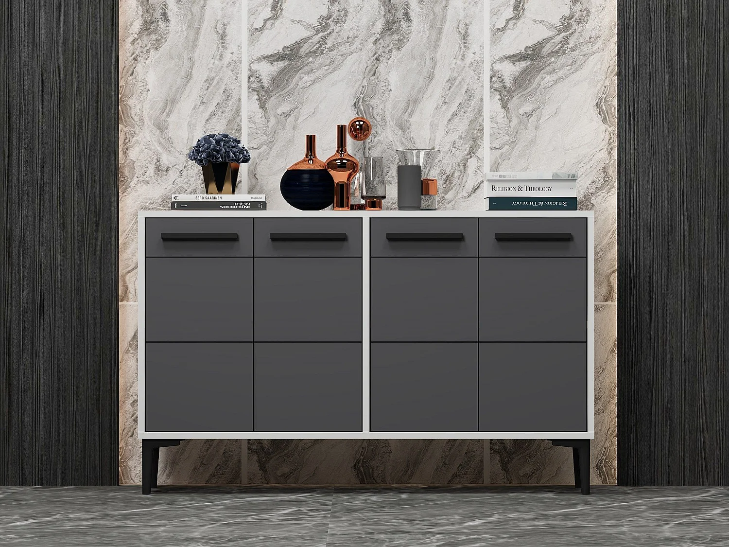 Komoda – 120 cm x 30 cm x 75 cm – biała i antracytowa – MDF