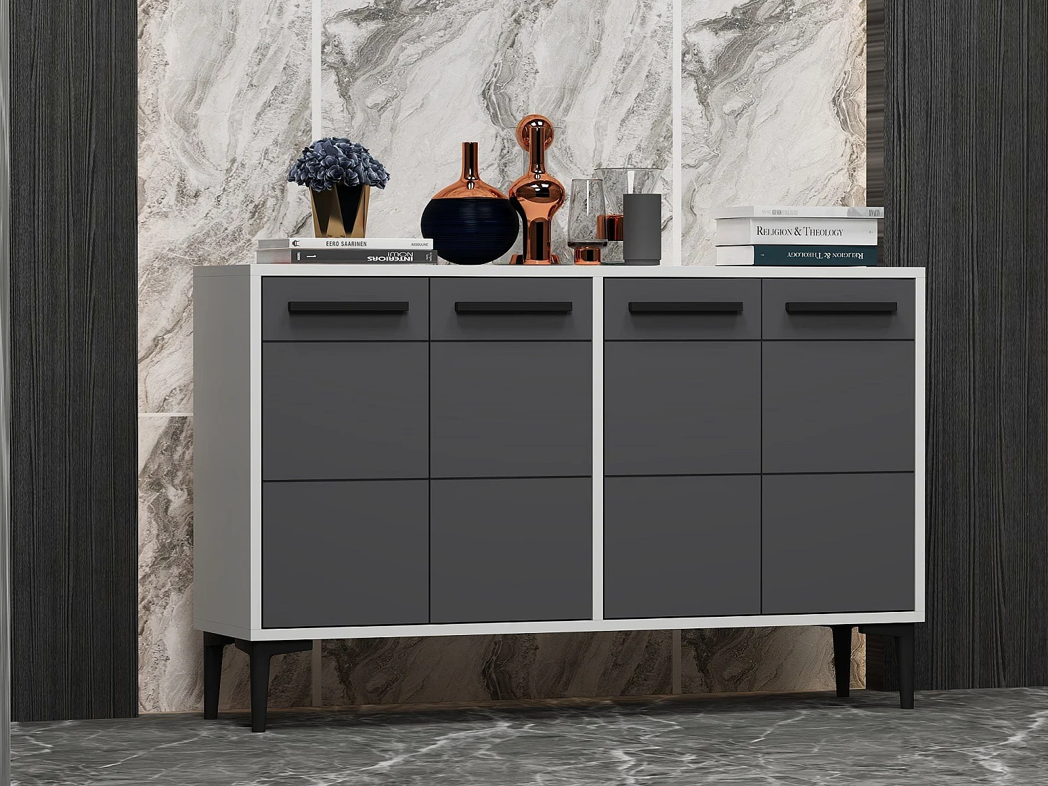 Komoda – 120 cm x 30 cm x 75 cm – biała i antracytowa – MDF