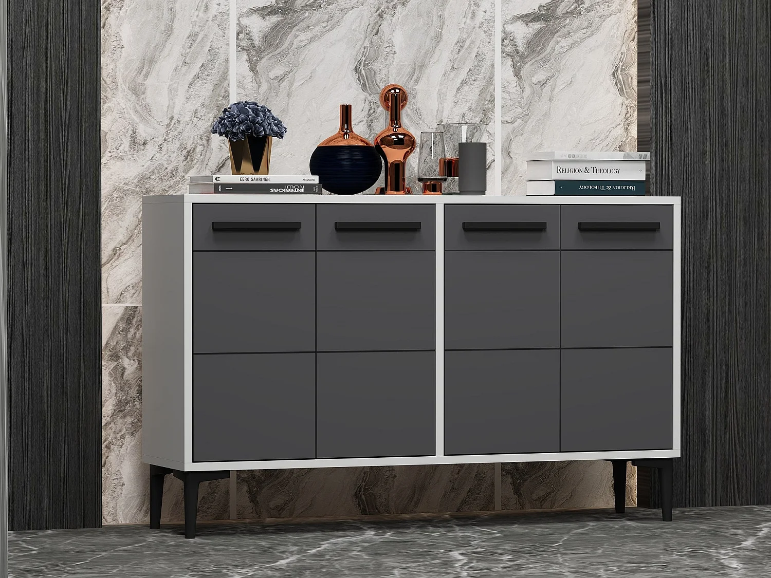 Komoda – 120 cm x 30 cm x 75 cm – biała i antracytowa – MDF