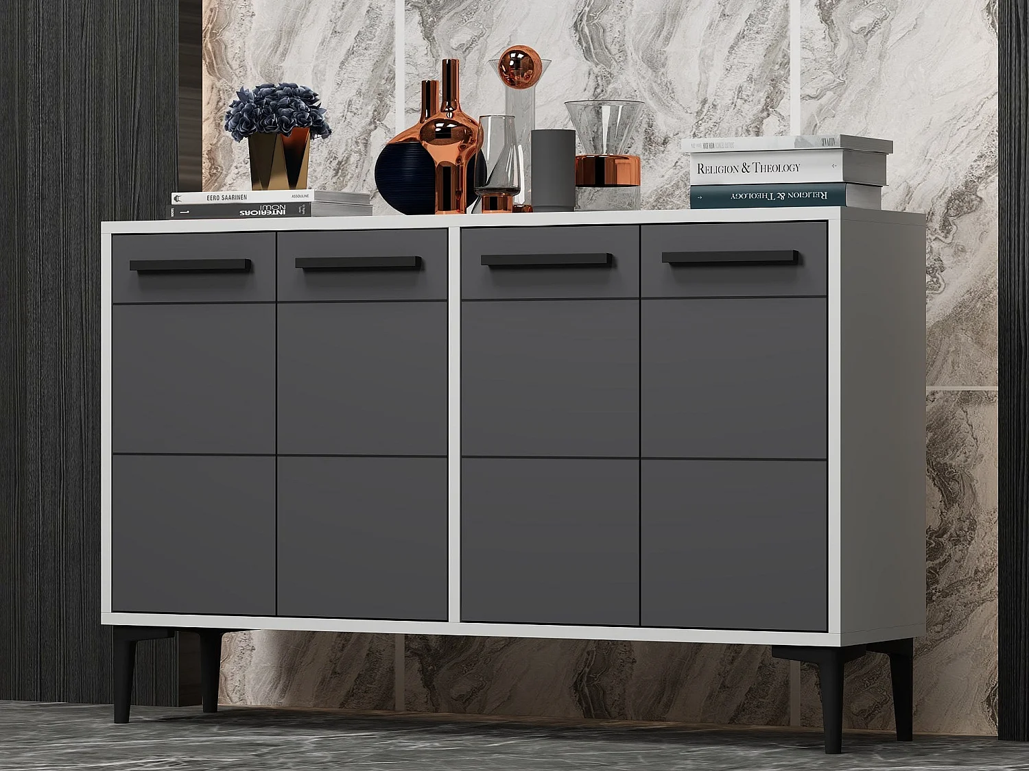 Komoda – 120 cm x 30 cm x 75 cm – biała i antracytowa – MDF