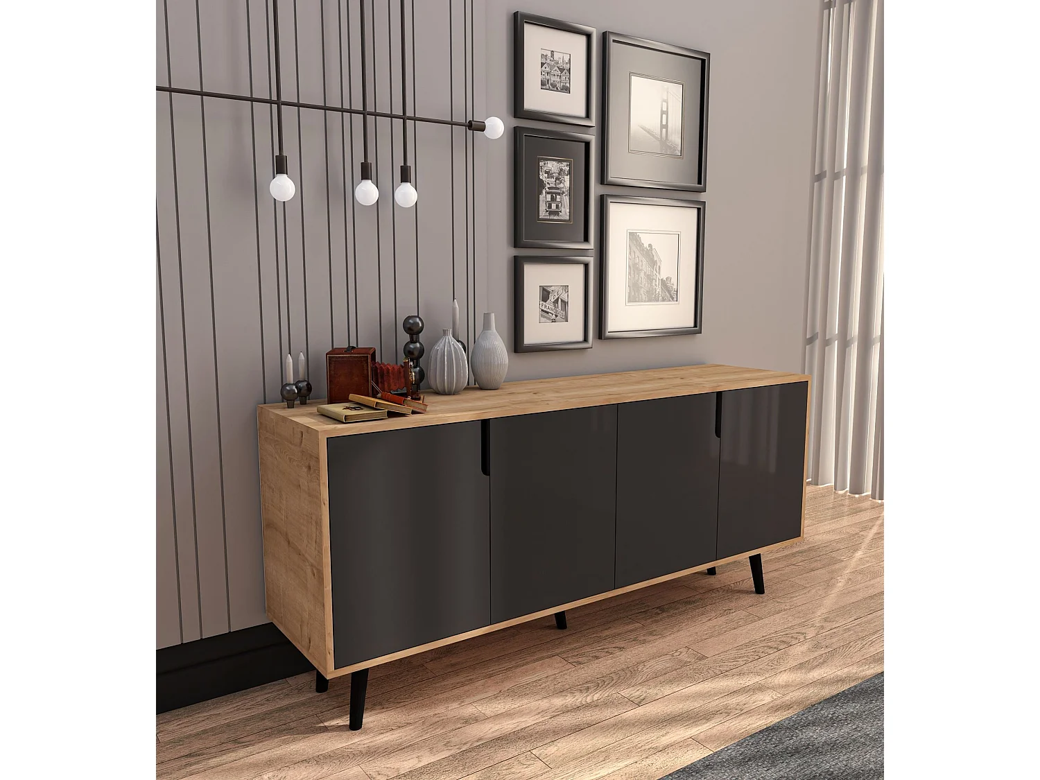 Buffet – 180 cm – Chêne saphir et anthracite – Aggloméré