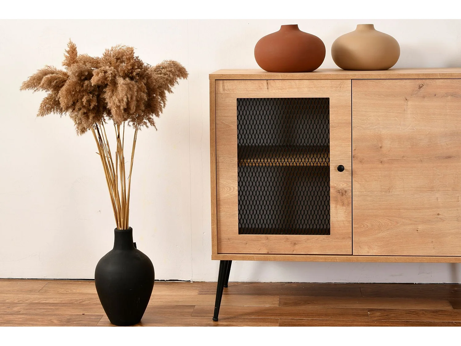 Elegantes Sideboard aus Eichenholz mit Metallbeinen, 180 x 41 x 81 cm | 100 % beschichtete Spanplatte, Drahtummantelung | Perfekt für moderne Wohn- un