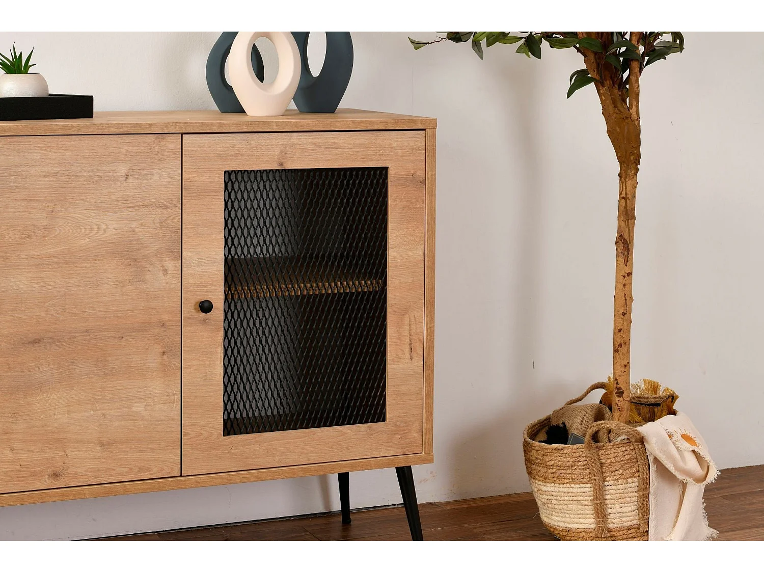 Elegantes Sideboard aus Eichenholz mit Metallbeinen, 180 x 41 x 81 cm | 100 % beschichtete Spanplatte, Drahtummantelung | Perfekt für moderne Wohn- un