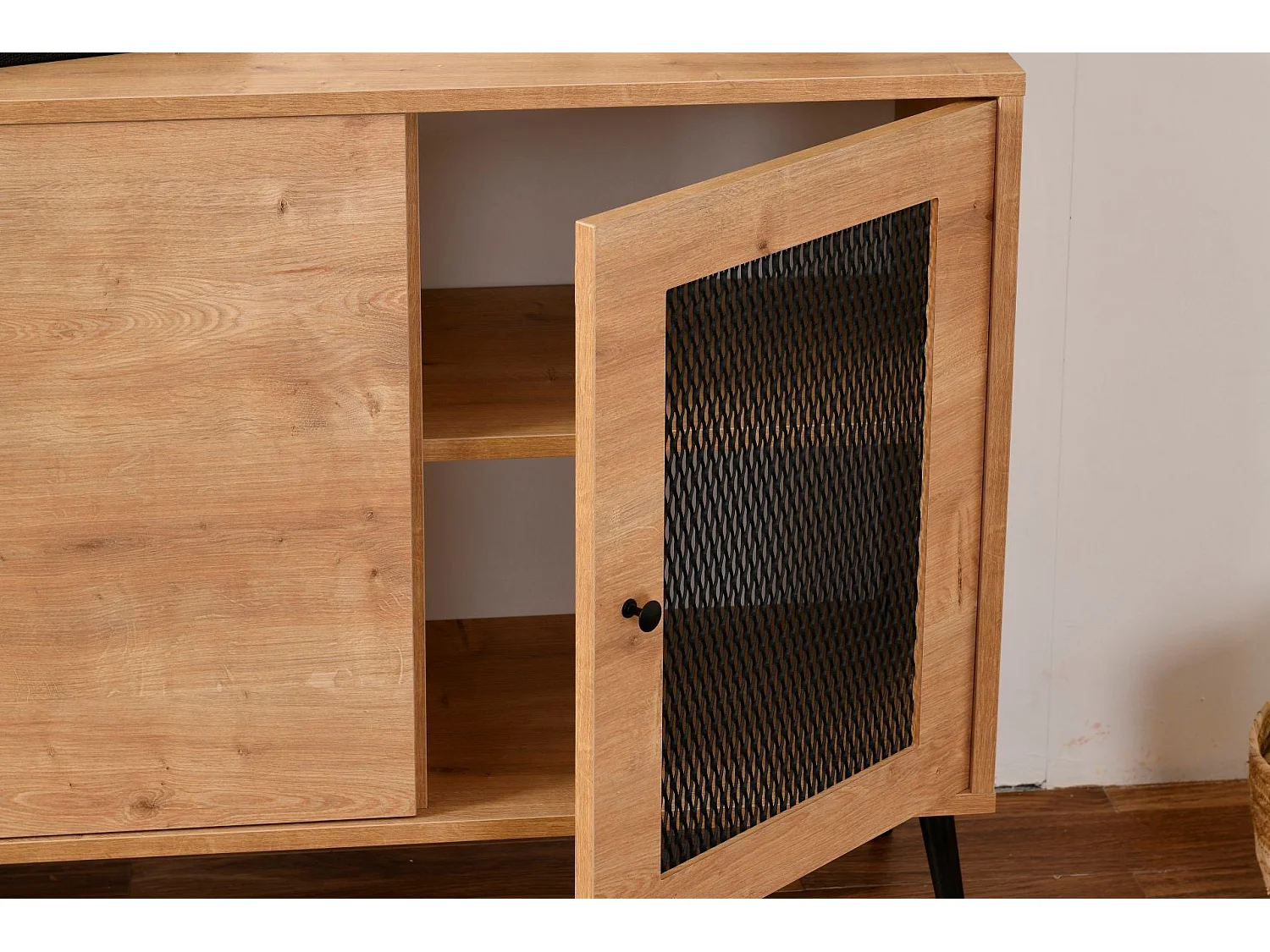 Elegantes Sideboard aus Eichenholz mit Metallbeinen, 180 x 41 x 81 cm | 100 % beschichtete Spanplatte, Drahtummantelung | Perfekt für moderne Wohn- un