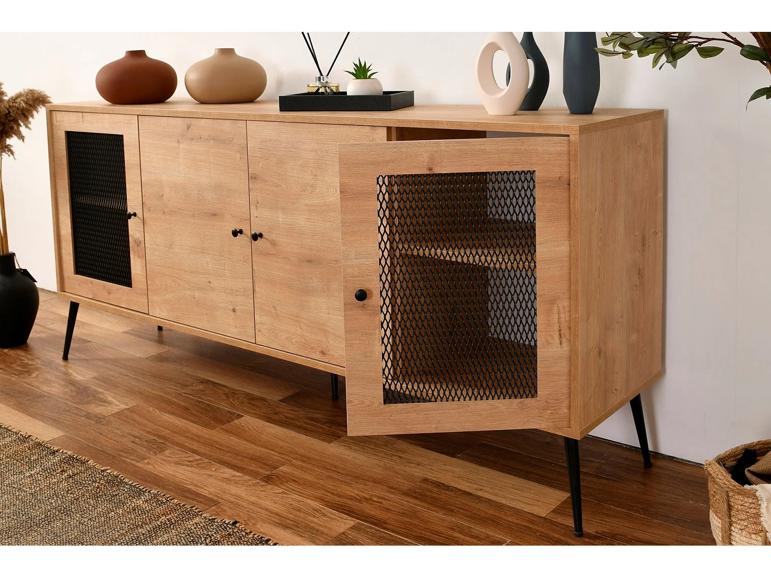 Elegantes Sideboard aus Eichenholz mit Metallbeinen, 180 x 41 x 81 cm | 100 % beschichtete Spanplatte, Drahtummantelung | Perfekt für moderne Wohn- un