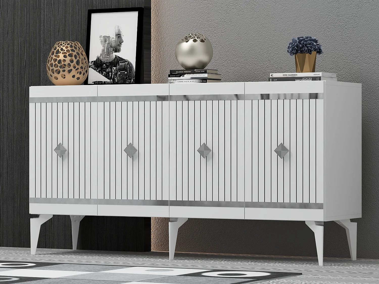 Buffet – 150 cm x 79 cm x 40 cm – Blanc et Argent – ​​Aggloméré