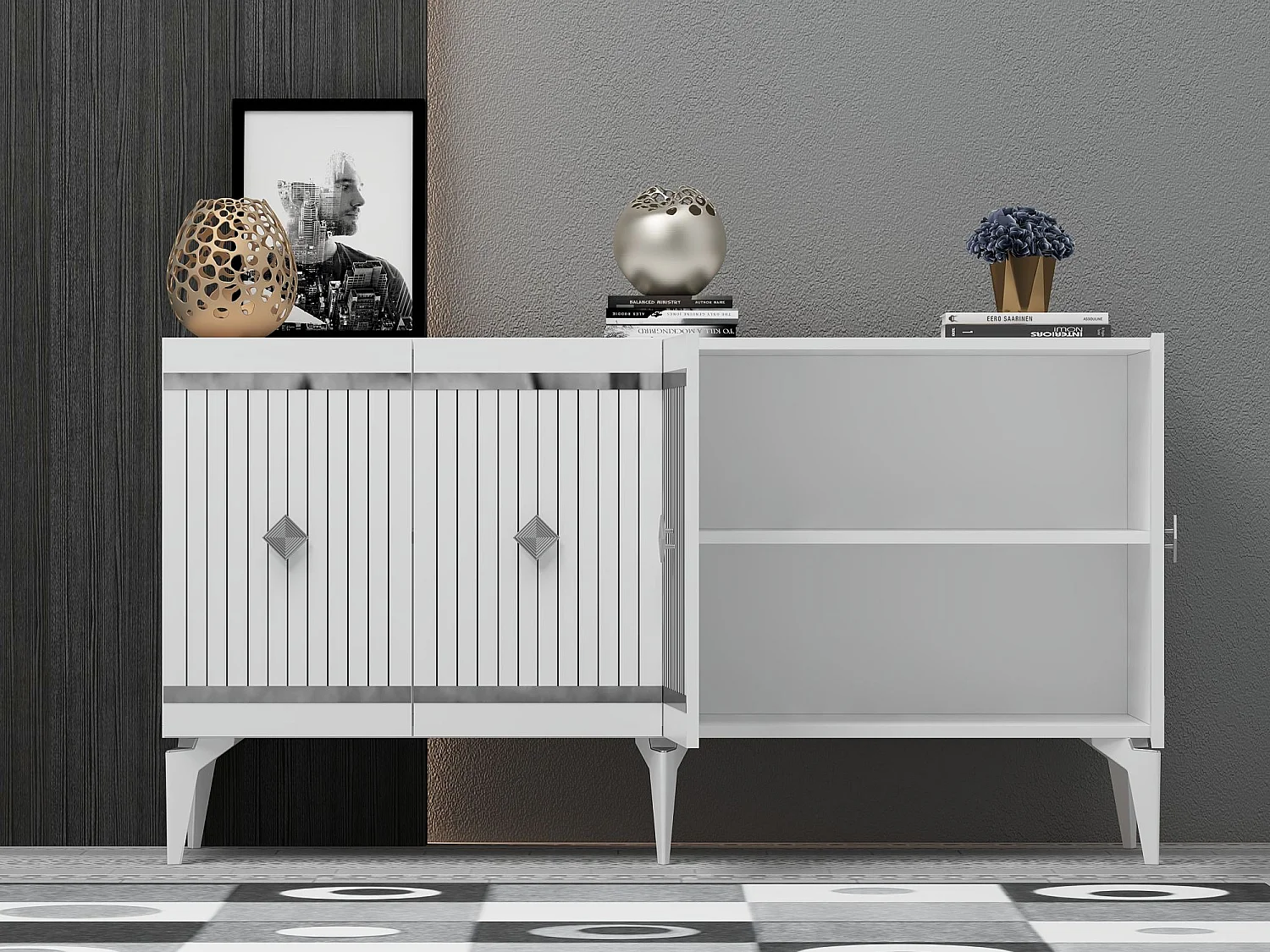 Buffet – 150 cm x 79 cm x 40 cm – Blanc et Argent – ​​Aggloméré