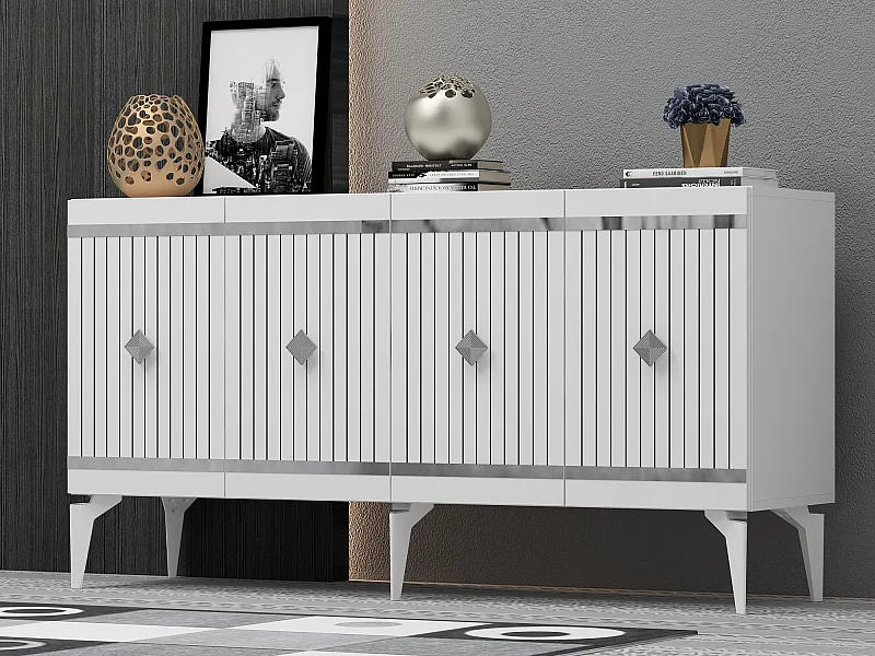 Buffet – 150 cm x 79 cm x 40 cm – Blanc et Argent – ​​Aggloméré
