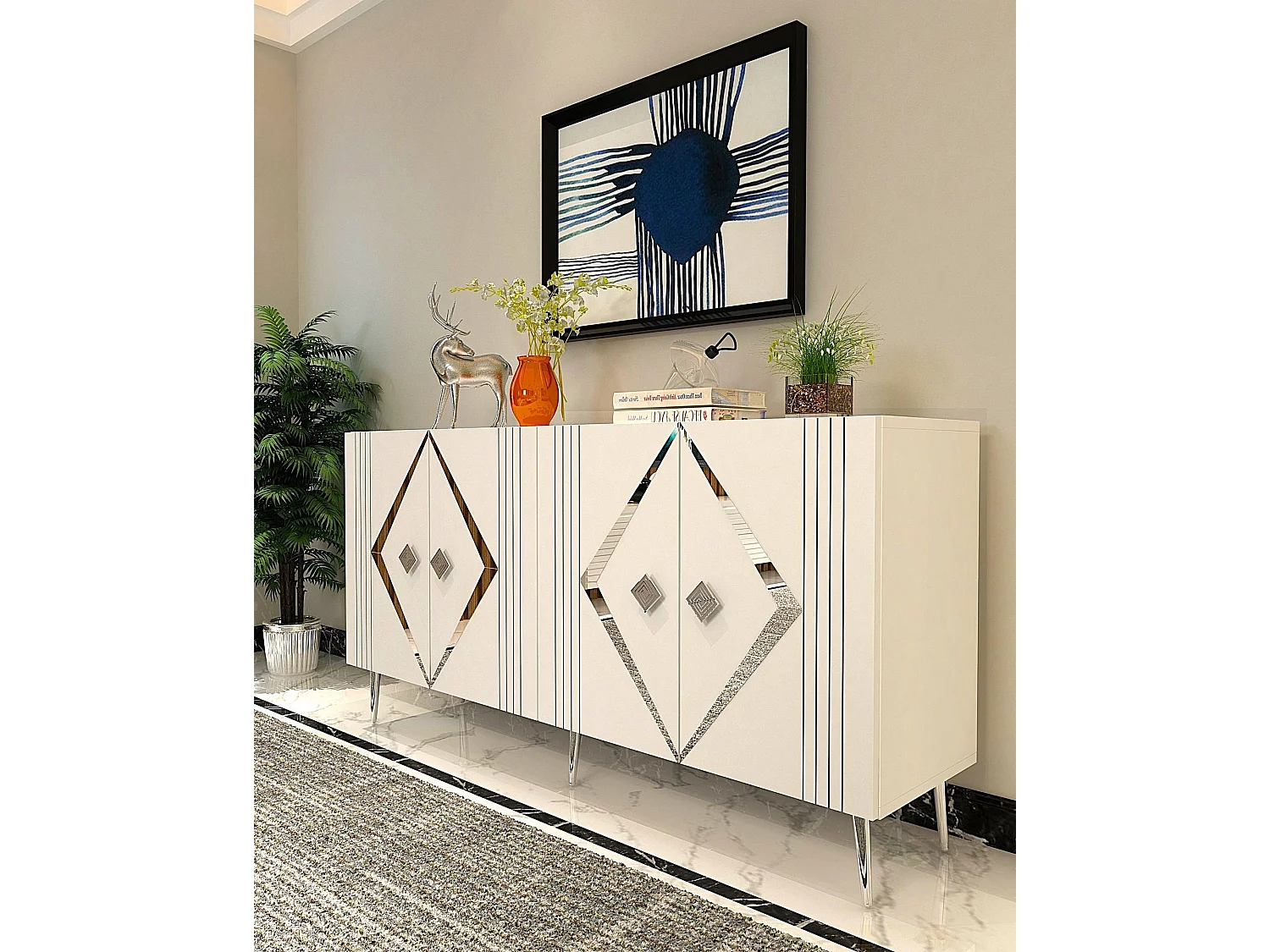 Komoda – 150 cm – Biało-srebrna – Płyta wiórowa pokryta melaminą