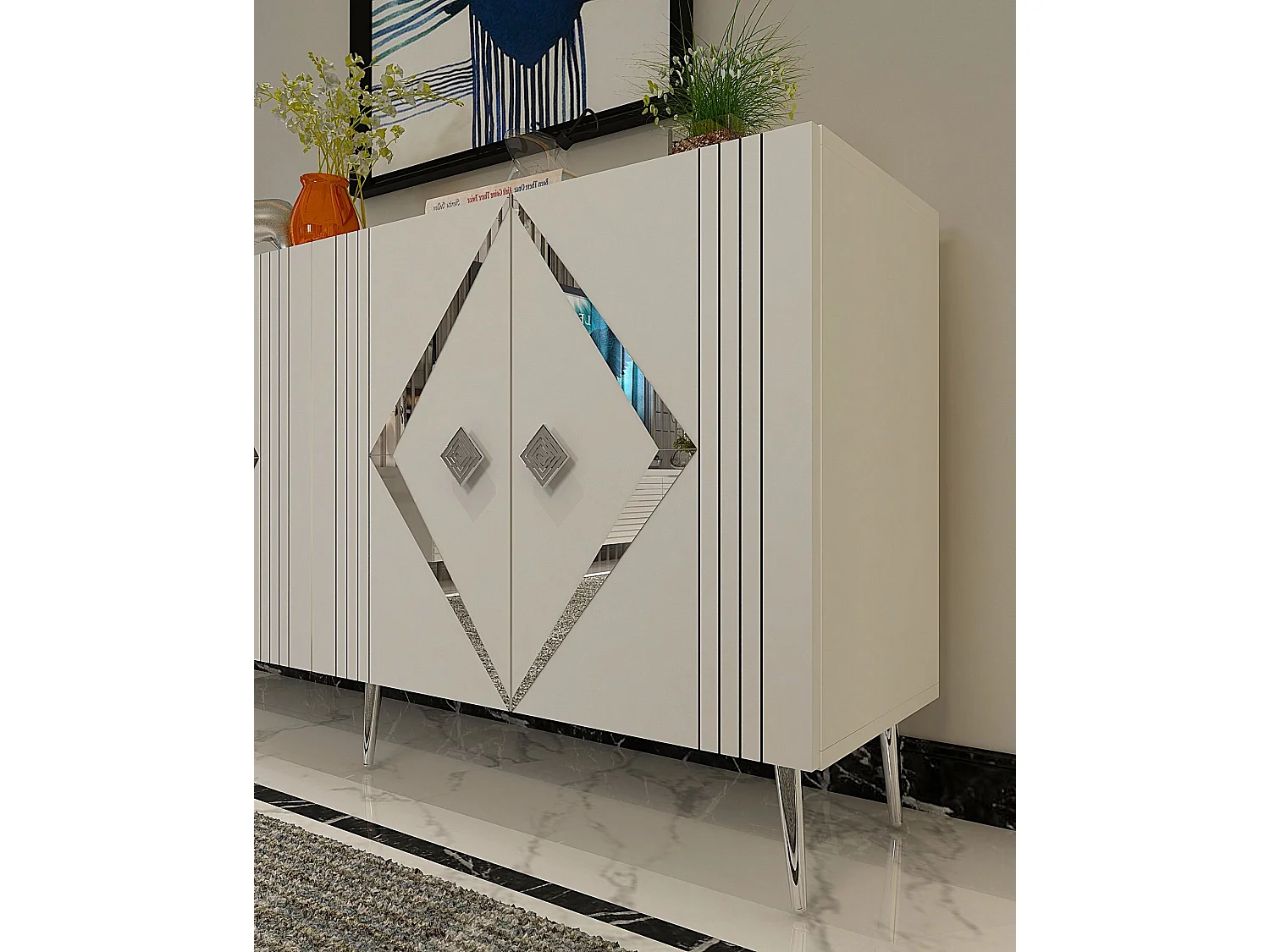 Komoda – 150 cm – Biało-srebrna – Płyta wiórowa pokryta melaminą