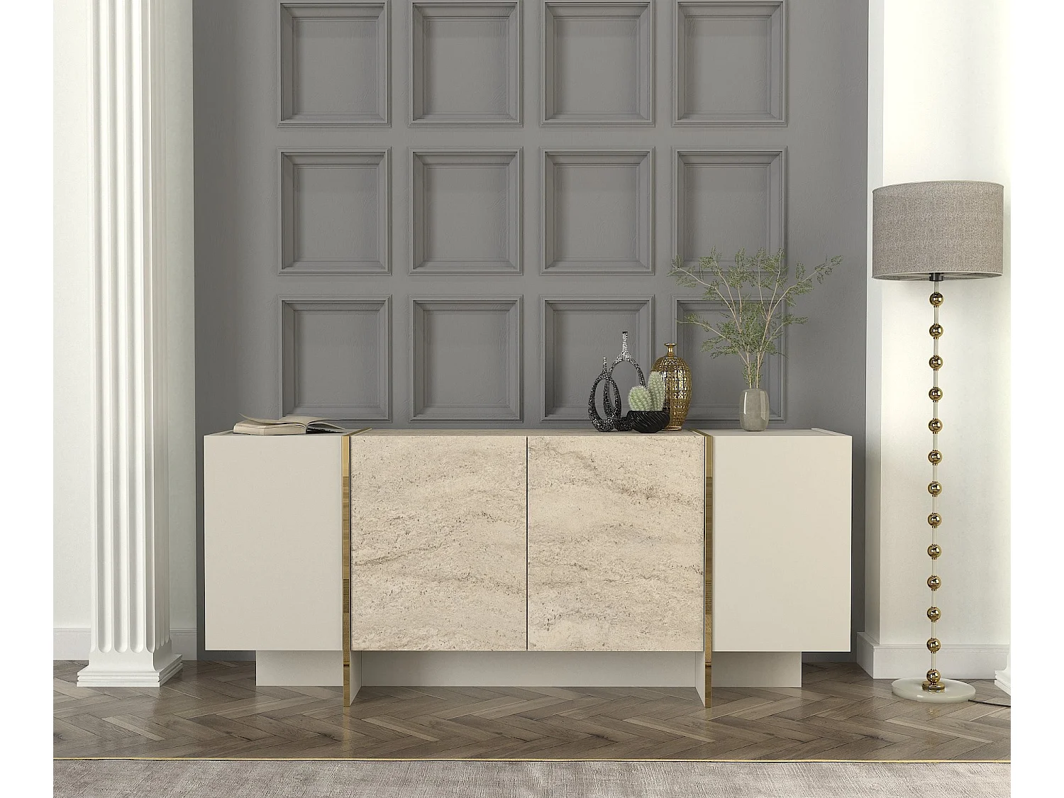 Komoda – 180 cm x 75,5 cm x 46,6 cm – Kolor trawertynu i piaskowca – Materiał: Płyta wiórowa pokryta melaminą