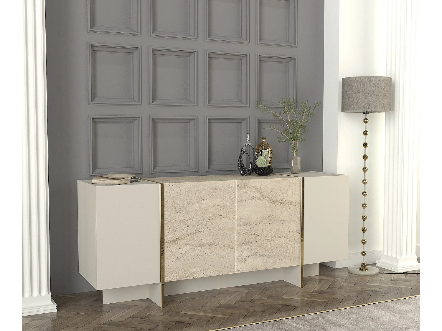Komoda – 180 cm x 75,5 cm x 46,6 cm – Kolor trawertynu i piaskowca – Materiał: Płyta wiórowa pokryta melaminą