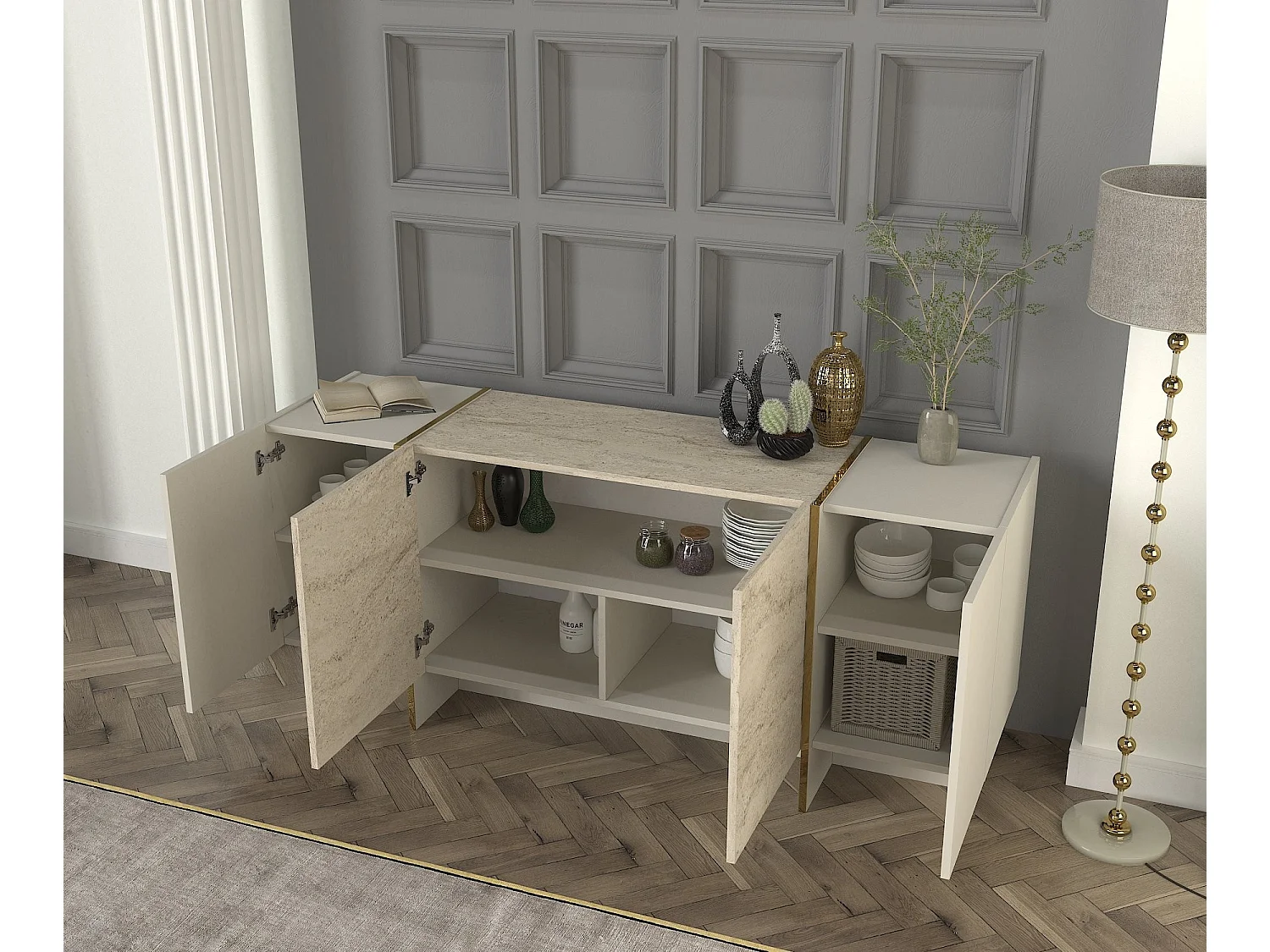 Komoda – 180 cm x 75,5 cm x 46,6 cm – Kolor trawertynu i piaskowca – Materiał: Płyta wiórowa pokryta melaminą