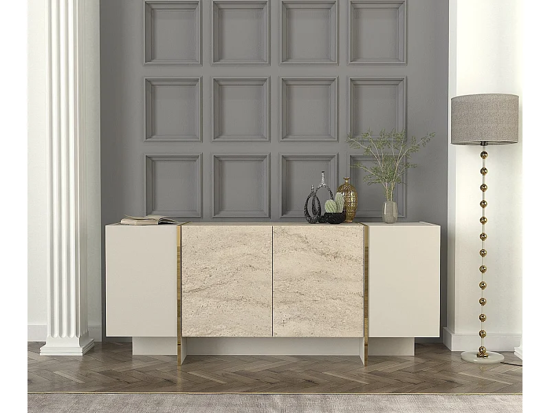 Buffet – 180 cm x 75,5 cm x 46,6 cm – Couleur travertin et grès – Matériau : Panneau de particules mélaminé